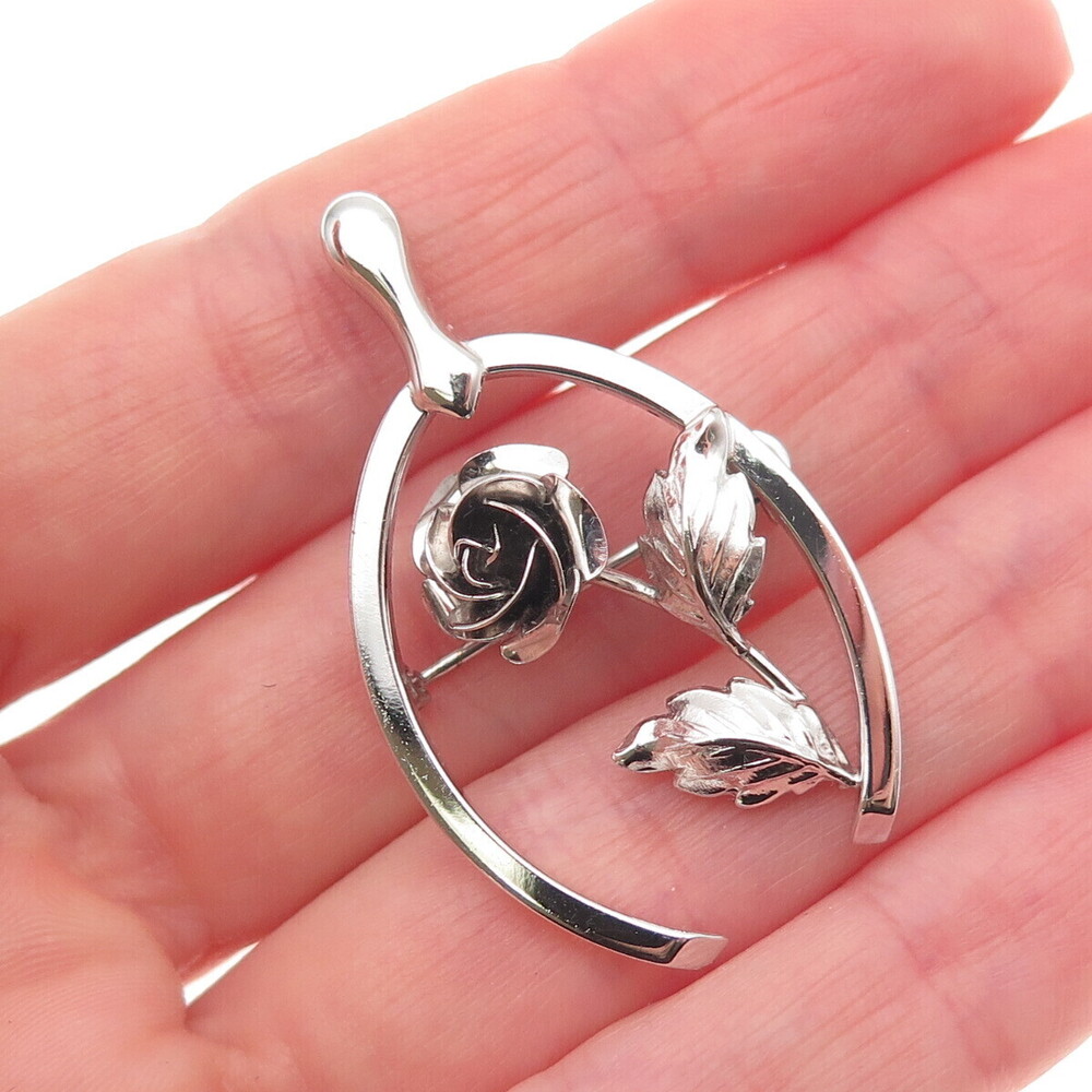 BOND BOYD 925 Sterling Silver Vintage Wishbone Rose Flower Pin Brooch